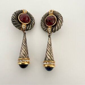 Givenchy Faux Sapphire Ruby Silver & Crystal Dangle Clip On Earrings Vintage